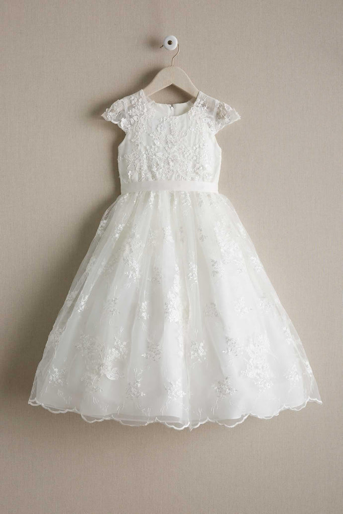 Round Neck Off White Lace Cap Sleeve Long Flower Girl Dresses, FGS099