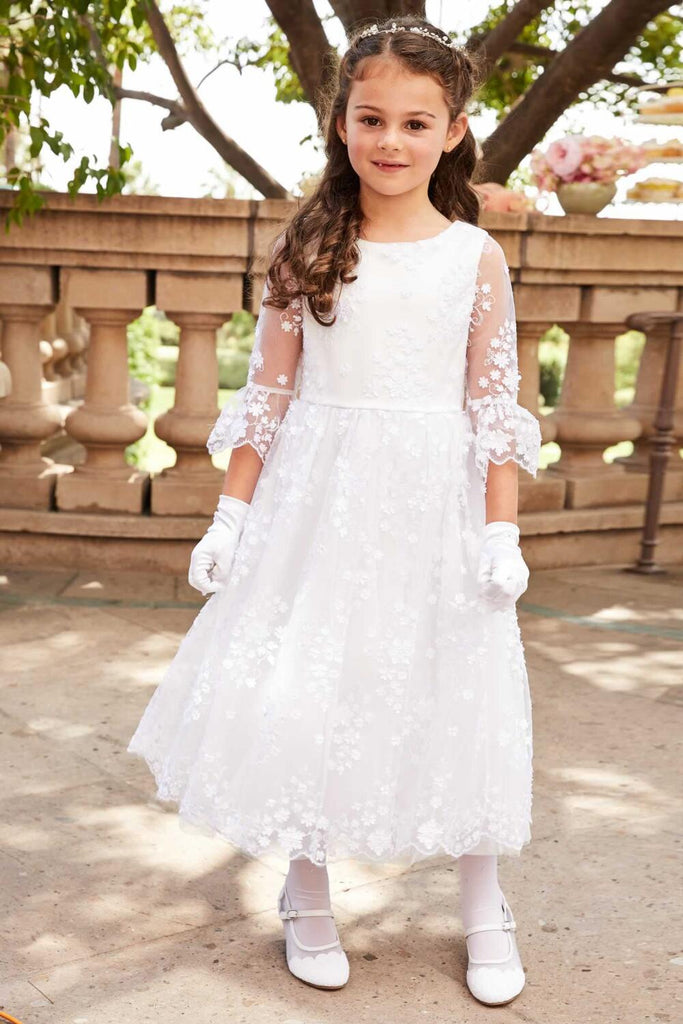 Round Neck Off White Lace Half Sleeve Long Flower Girl Dresses, FGS098