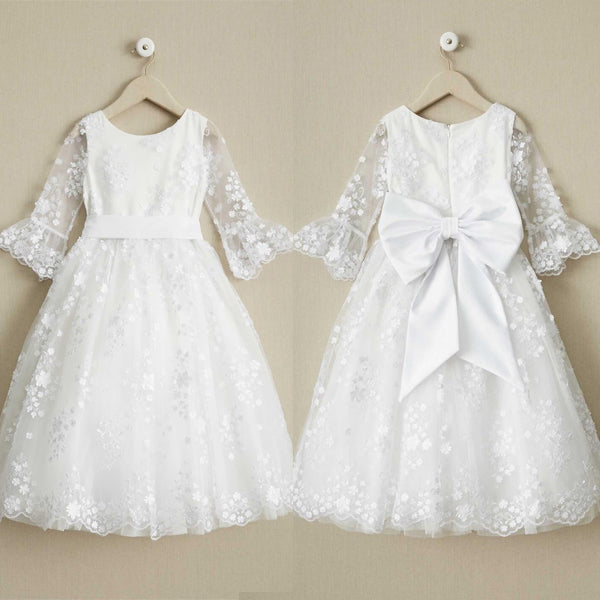 Round Neck Off White Lace Half Sleeve Long Flower Girl Dresses, FGS098