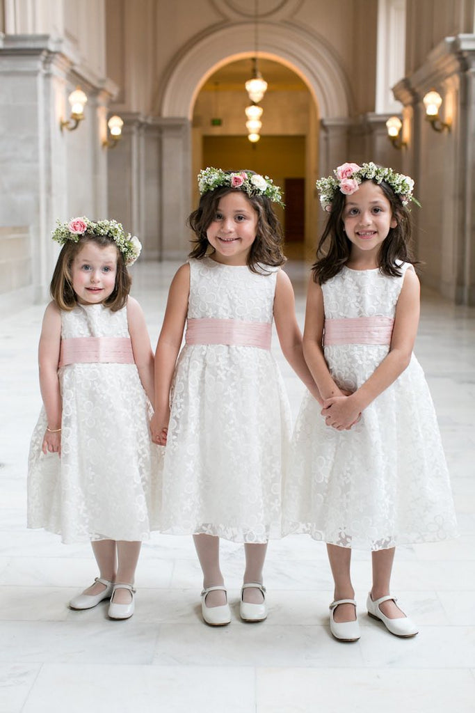 Round Neck Sleeveless Ivory Lace Pink Satin Tea Length Flower Girl Dresses, FG061