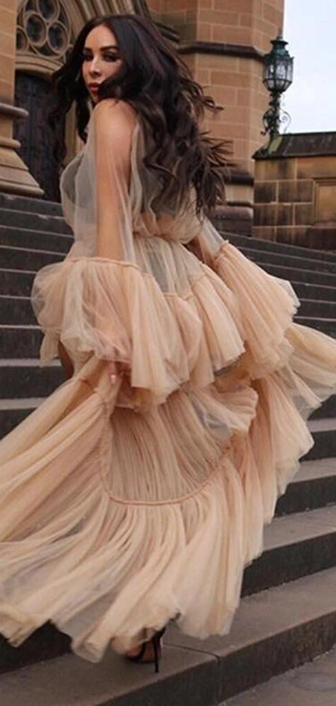 Sexy Nude Tulle High Low Long Sleeves See Through Party Prom Dresses.PD00249
