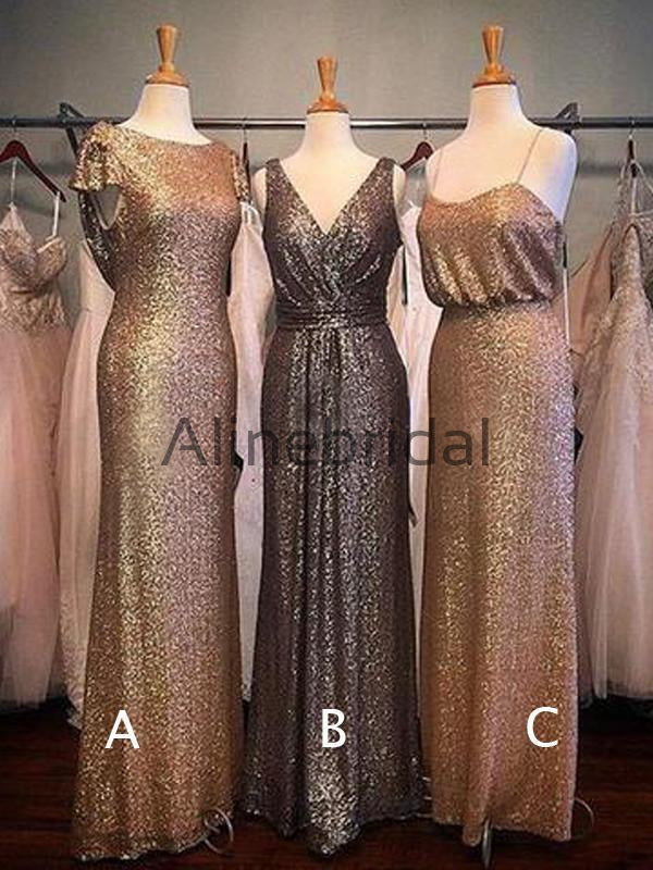 Sparkly Sequin Mismatched Sheath Long Bridesmaid Dresses, AB4076