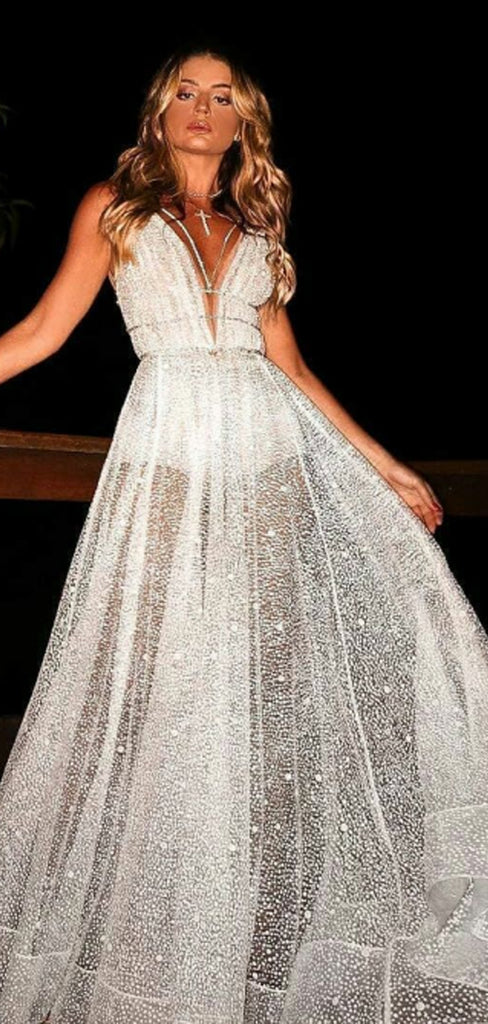 Sparkly White Sequin V-neck Backless Fashion Prom Dresses,PD00327