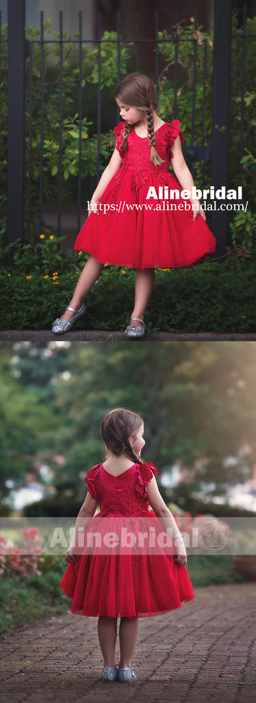 Sweet Red Appliques Tulle Pretty Sleeveless Short Flower Girl Dresses, FGS073