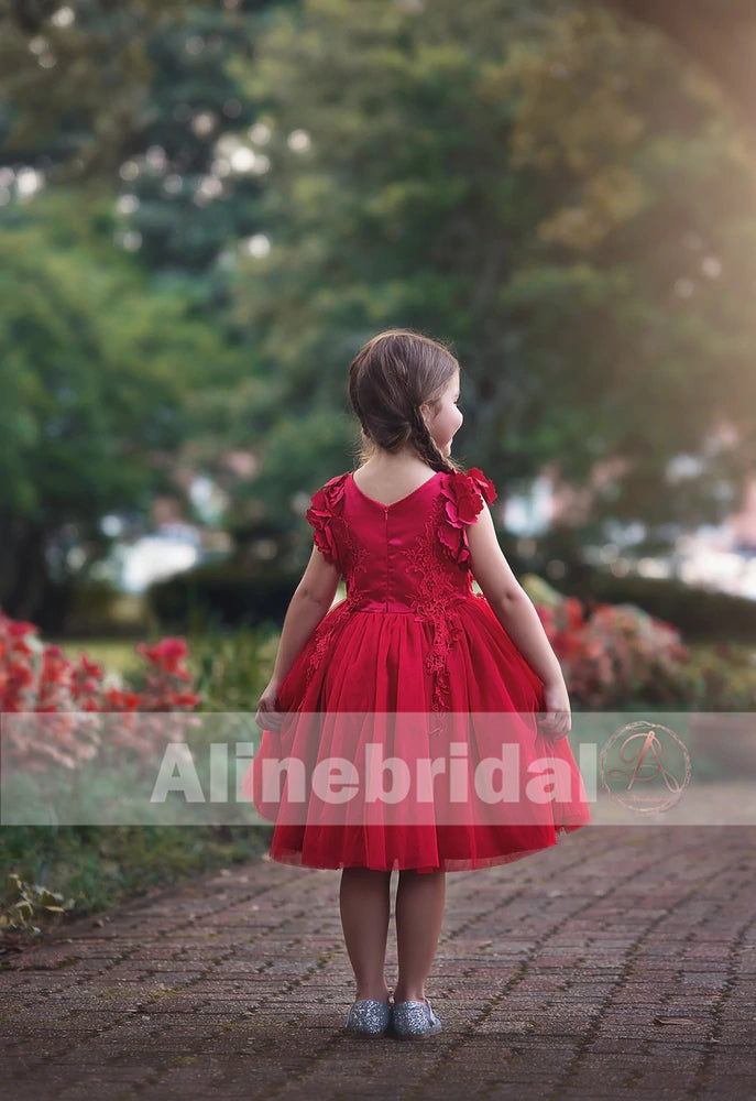 Sweet Red Appliques Tulle Pretty Sleeveless Short Flower Girl Dresses, FGS073