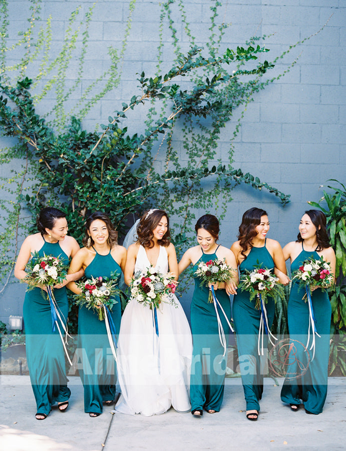 Teal Chiffon Halter Maxi Simple Bridesmaid Dresses For Summer Wedding, AB1216