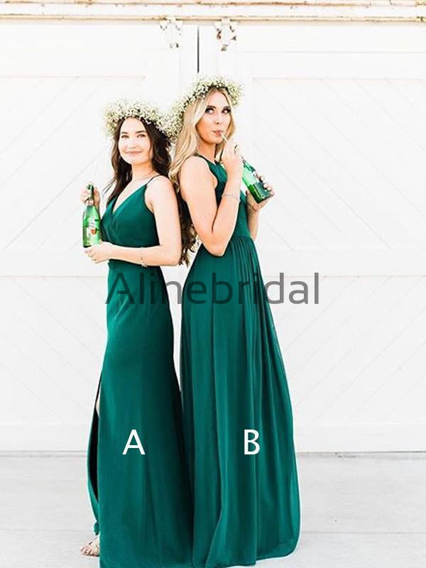 Teal Chiffon Mismatched A-line Long Bridesmaid Dresses, AB4044