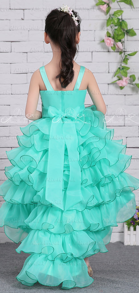 Tiffany Blue Organza Ruffles Tiered High Low Unquie Flower Girl Dresses, FGS134