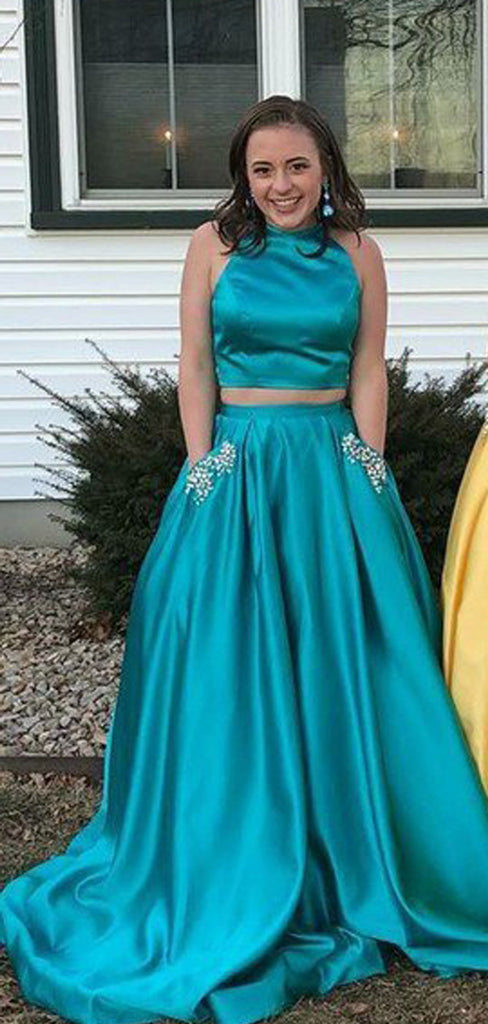 Two Piece Green Satin Open Back Beading Pocket Prom Dresses,PD00358