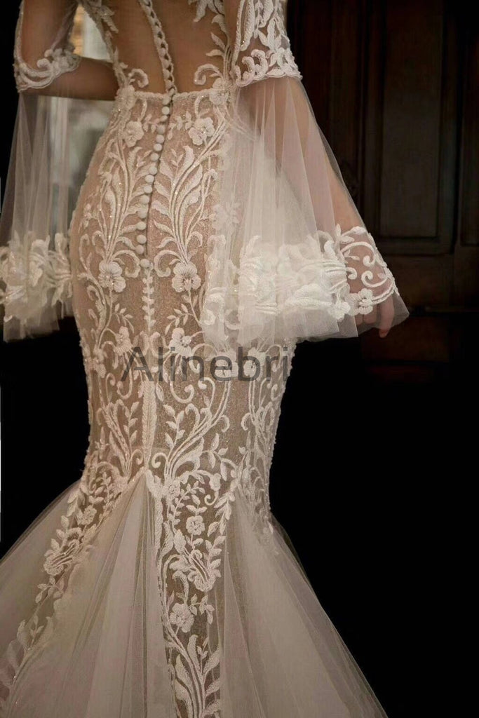 Unique Long Sleeve Off Shoulder Lace Mermaid Wedding Dresses, AB1508