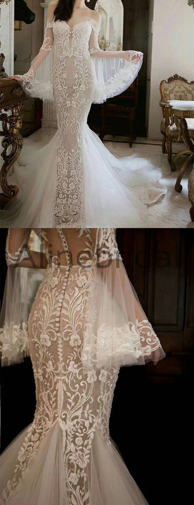 Unique Long Sleeve Off Shoulder Lace Mermaid Wedding Dresses, AB1508