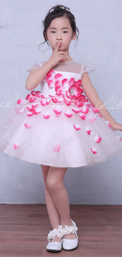Unique Rose Applique Cap Sleeve Fashion Flower Girl Dresses, FGS033