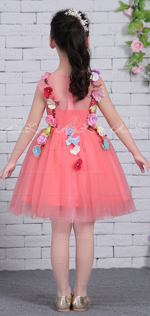 Watermelon Tulle Handmade Flower Applique Cap Sleeve Flower Girl Dresses, FGS127