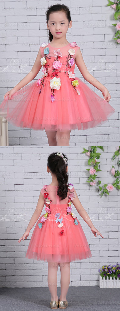 Watermelon Tulle Handmade Flower Applique Cap Sleeve Flower Girl Dresses, FGS127