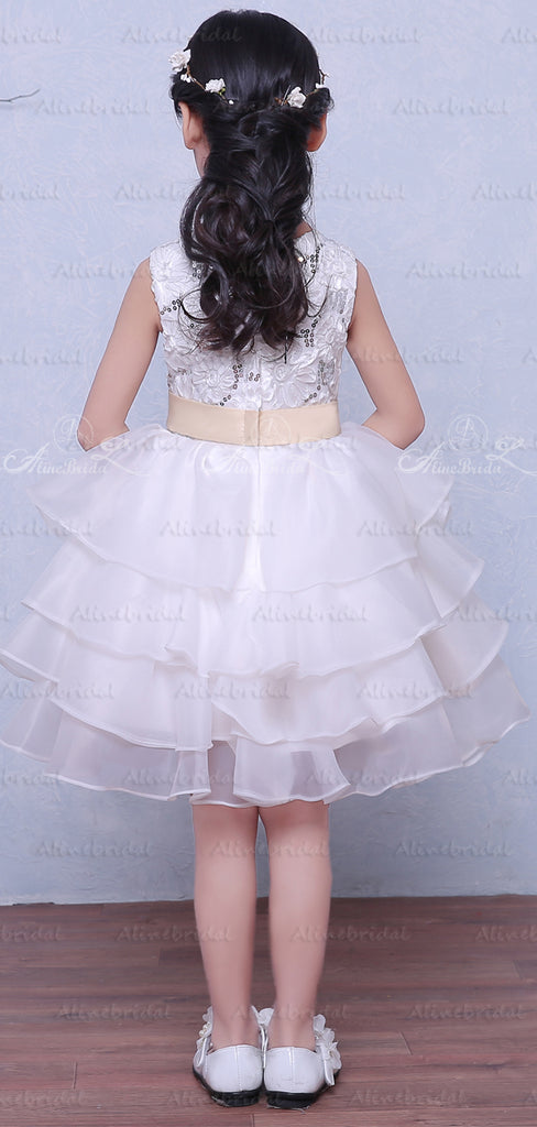 White Organza Tiered Lace With Sequin With Belt Flower Girl Dresses, FGS122