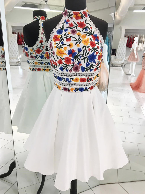 White Satin Embroidery High Neck Open Back Homecoming Dresses,HD0020