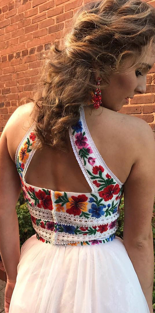 White Satin Embroidery High Neck Open Back Homecoming Dresses,HD0020