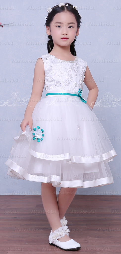 White Tulle Applique Beading Tiered Teal Belt Flower Girl Dresses, FGS118