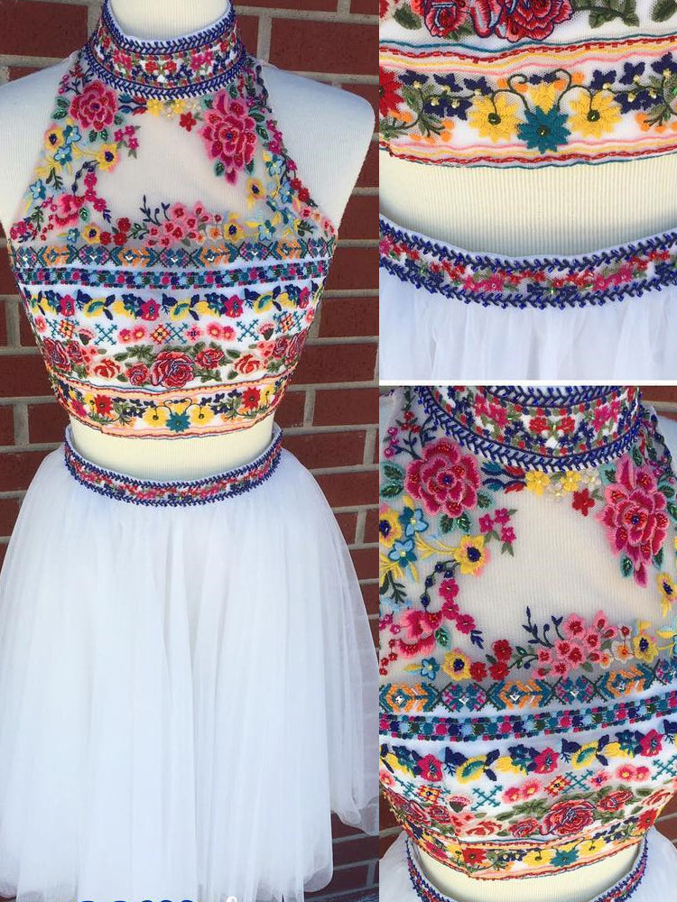 White Two Piece Embroidery High Neck Open Back Homecoming Dresses ,HD0018