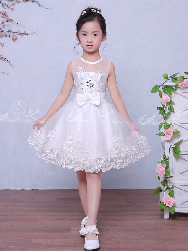 Wihte Lace Illusion Neckline Sleeveless Flower Girl Dresses, FGS029