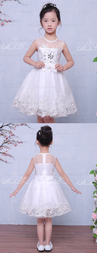Wihte Lace Illusion Neckline Sleeveless Flower Girl Dresses, FGS029