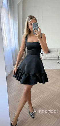 Elegant Square  A-line Ruffle Black Short Homecoming Dress, Prom Dress, PD382250
