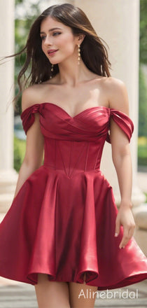 Stunning Ruched Off the shoulder Corset Top A-line  Soft Satin Short Homecoming Dress, Prom Dress, PD382248