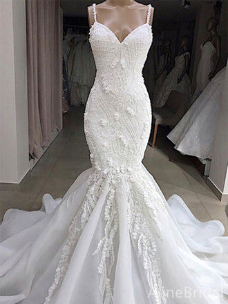 Elegant V-neck Spaghetti Strap Mermaid Long Wedding Dresses with Train,WD3092