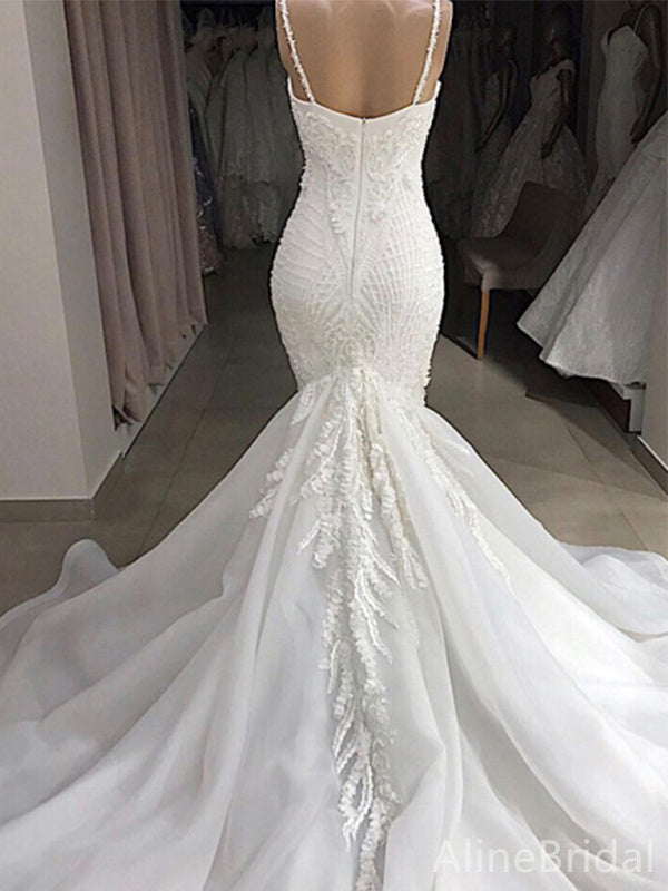 Elegant V-neck Spaghetti Strap Mermaid Long Wedding Dresses,WD3092