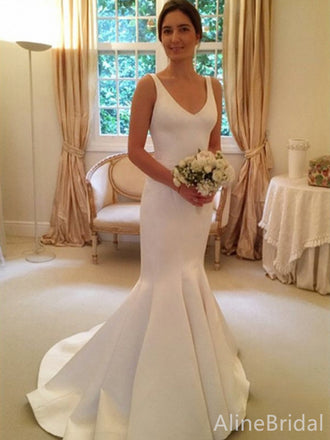 Elegant  V-neck Straps Mermaid Long Wedding Dresses, WD3108
