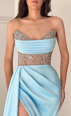 Sexy Blue V-neck  Side Slit Mermaid Floor Length Prom Dress, PD3640