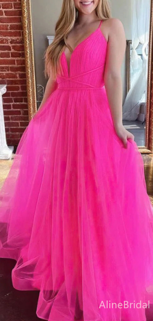 Simple V-neck Spaghetti Strap A-line Long Prom Dress,PD38080