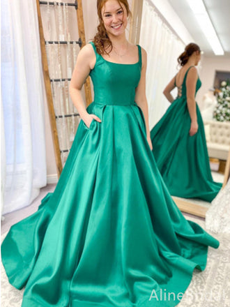 Elegant Green Square Lace-Up A-line Long Prom Dress,PD38082