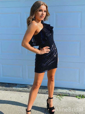Elegant Black One Shoulder Short Mini Homecoming Dress, HD32662