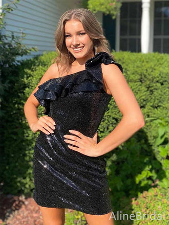 Elegant Black One Shoulder Short Mini Homecoming Dress, HD32662