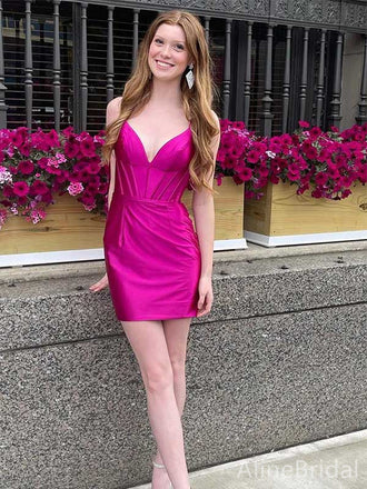 Sexy Fuchisa V-neck Spaghetti Strap Short Mini Homecoming Dress, HD32661