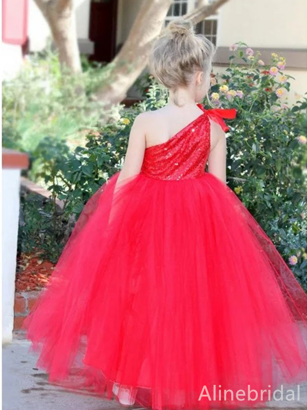 Sparkly Red One Shoulder A-line Long Flower Girl Dresses, FGS164