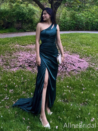 Elegant Dark Green One Shoulder Cut Out Mermaid Long Prom Dress with Slit, PD38098