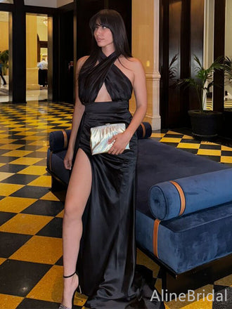 Sexy Black Cross-Halter  Cut-Out Long Prom Dress with Slit, Evening Dress，PD38105