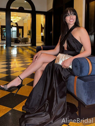 Sexy Black Cross-Halter  Cut-Out Long Prom Dress with Slit, Evening Dress，PD38105