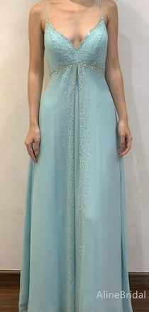 Fairytale Light Blue V-neck Spaghetti Strap A-line Long Prom Dress with Beading, PD38115