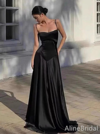 Elegant Black V-neck Spaghetti Strap A-line Long Prom Dress, PD38124