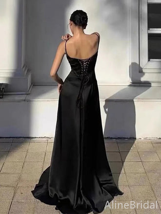 Elegant Black V-neck Spaghetti Strap A-line Long Prom Dress, PD38124