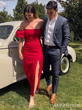 Elegant Red Off the Shoulder Mermaid Long Prom Dress with Slit, PD38126