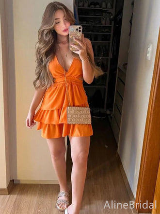 Sexy Orange V-neck Spaghetti Strap A-line Short Homecoming Dress, HD327993