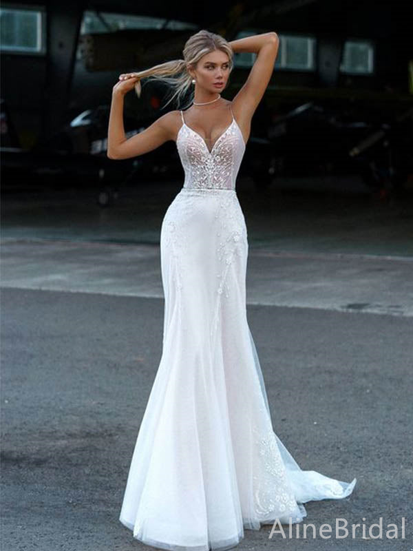 Elegant V-neck Spaghetti Strap Mermaid Long Wedding Dresses,WD3073