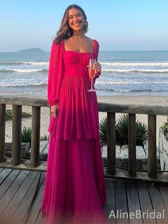 Elegant Hot Pink Chiffon Square A-line Long Layered Prom Dress with Long Sleeves, Evening Dress, PD38137