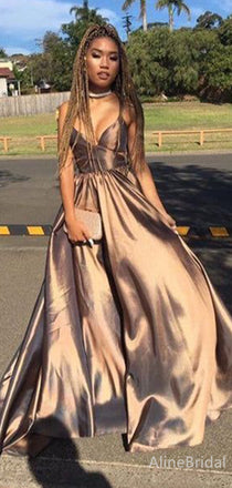 Elegant Champagne Gold V-neck Spaghetti Strap A-line Long Prom Dress,PD38157