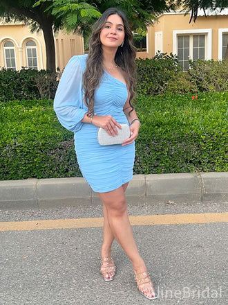 Elegant Pale Blue One Long Shouler Short Homecoming Dress, HD328000