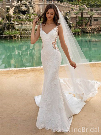 Romantic V-neck Mermaid Long Lace Wedding Dresses, WD3074